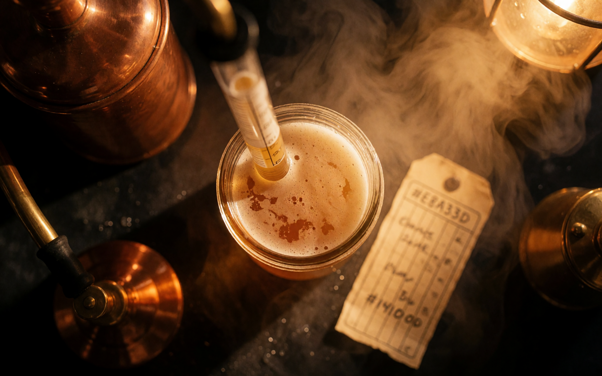 A hydrometer floating in a fresh sample, reading original gravity beside a handwritten ticket