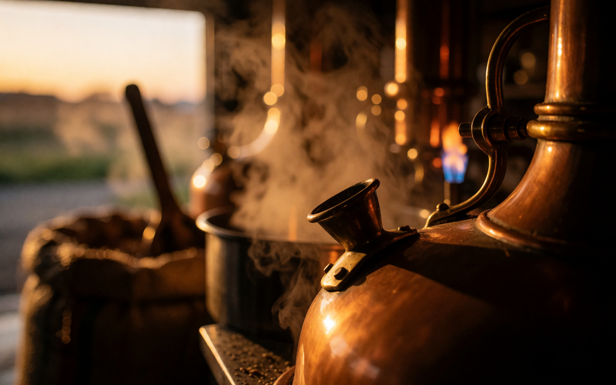 A pilot flame burning blue under a kettle in a dim garage